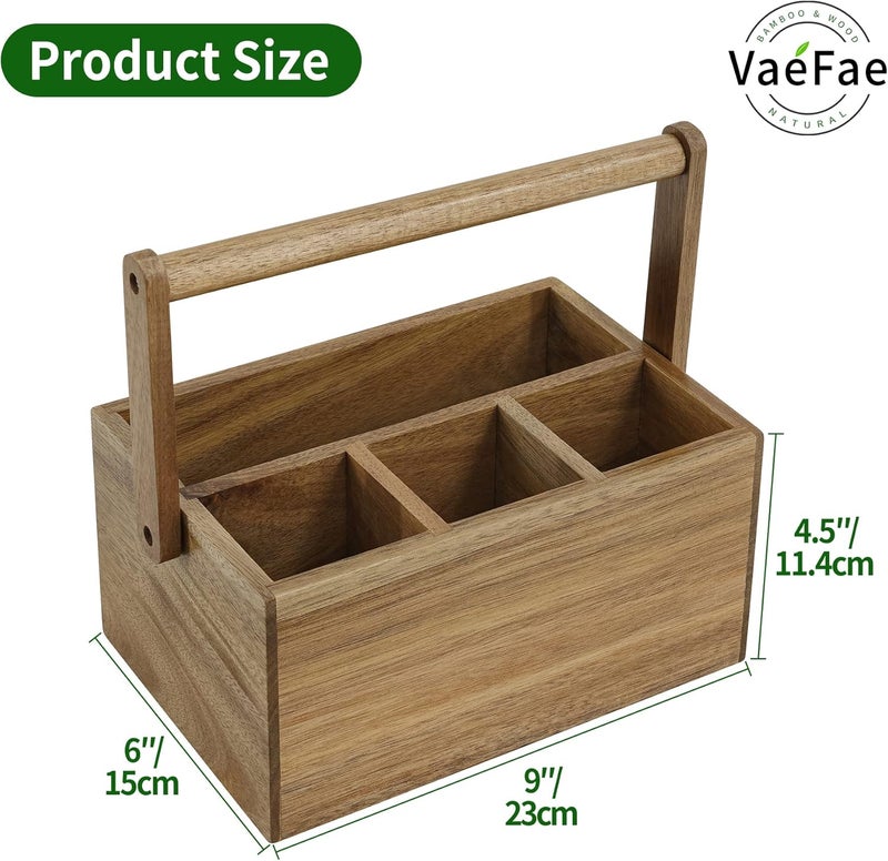 VaeFae Acacia Silverware Caddy with Handle, Wooden Utensil Holder, Mulip-pose Organizer for Kitchen, Office, Bathroom, Bedroom - Image 3